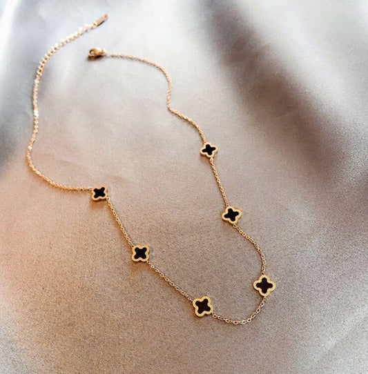 Six small clover necklace in black & gold