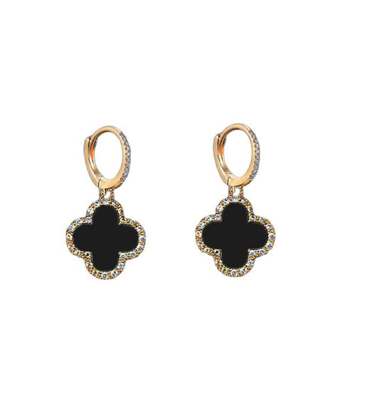 Crystal encrusted clover huggie earrings in black