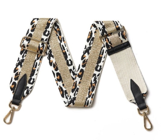 Bag strap -white leopard print with gold centre stripe